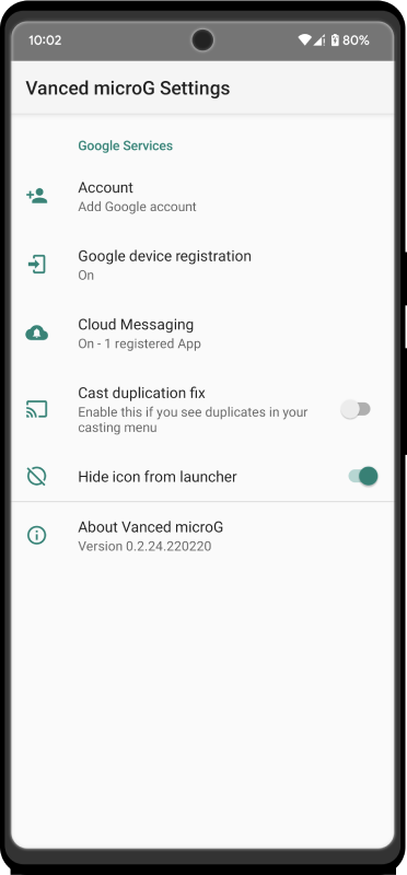 MicroG settings screen